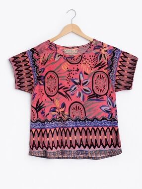 Rainbow Jo Maui Hawaii Colorful Tropical Abstract Print Short Sleeve Top Blouse